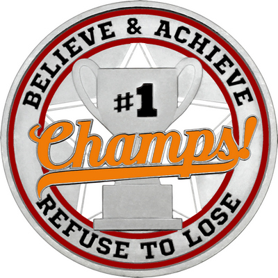 Orange "Champs!" with Maroon Outer Circular Borders